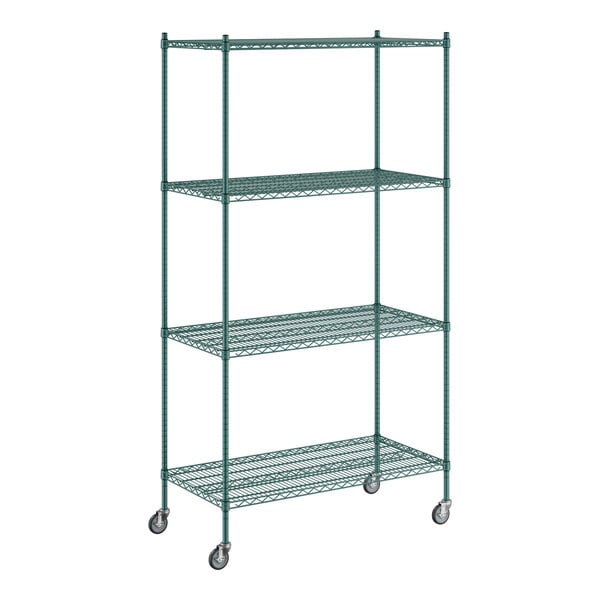 A Regency green wire shelving unit with wheels.