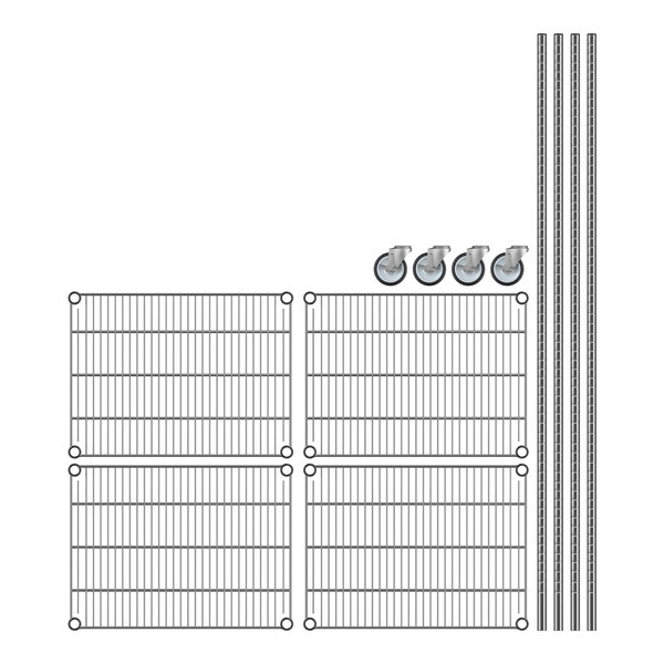 A Regency stainless steel wire mobile shelving unit with 4 rectangular shelves and wheels.