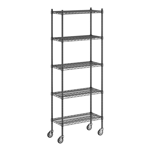 A Regency black wire shelving unit with wheels.
