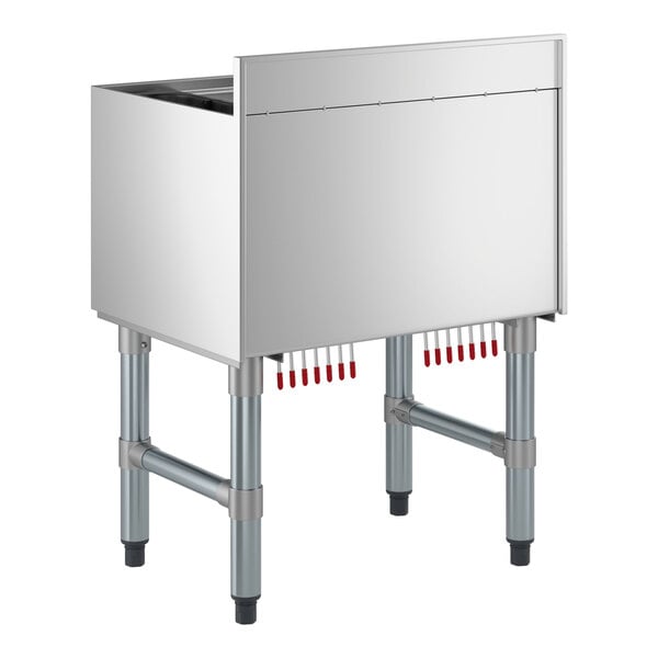 An underbar ice bin with a cold plate and bottle holders, designed for commercial bar use.