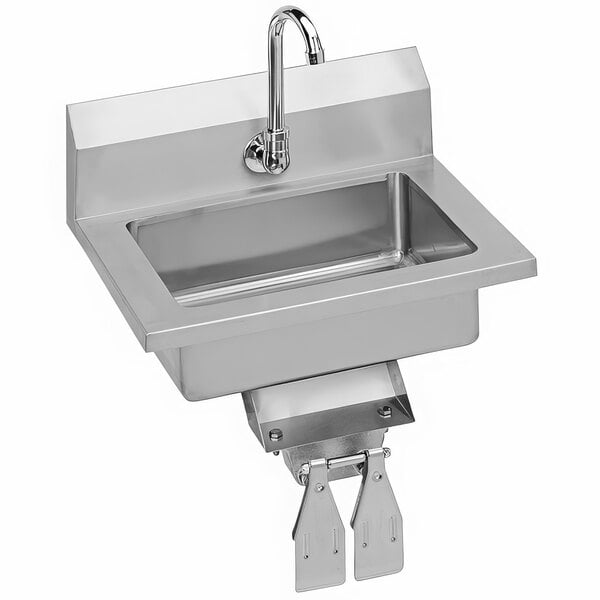 A Zurn stainless steel wall mount hands-free sink with a knee-operated faucet.