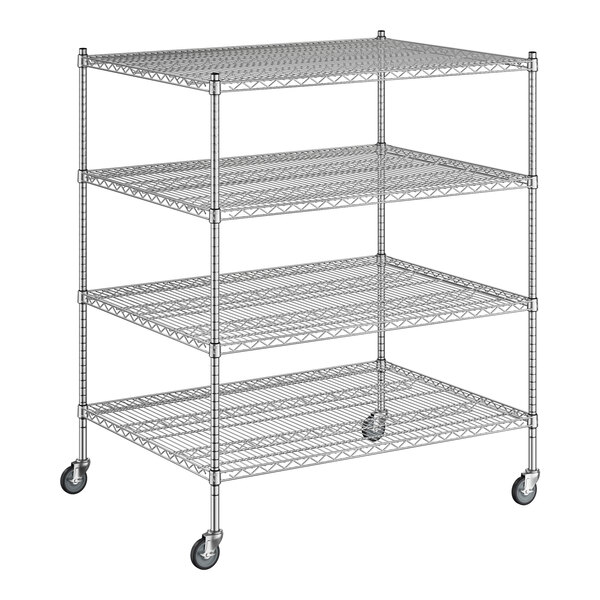 A Regency chrome wire shelving unit with wheels and four shelves.