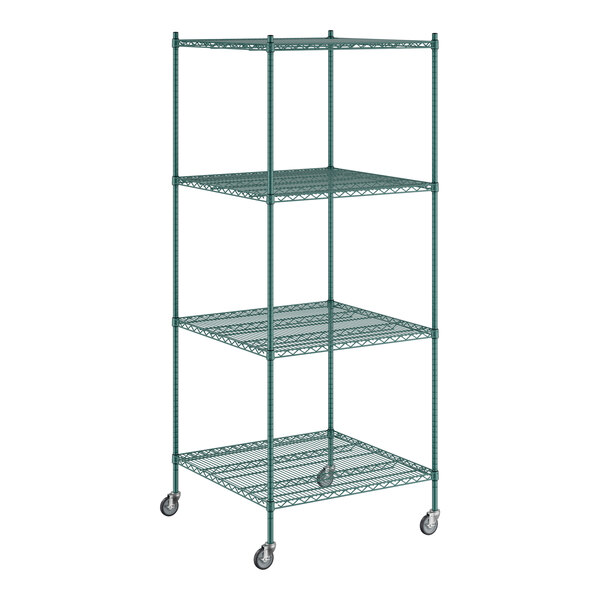 A Regency green wire shelving unit with wheels.