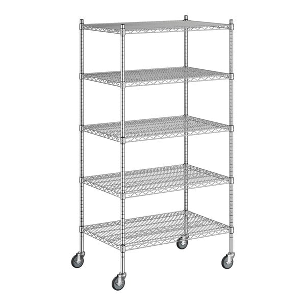 A Regency stainless steel wire shelving unit with five shelves.