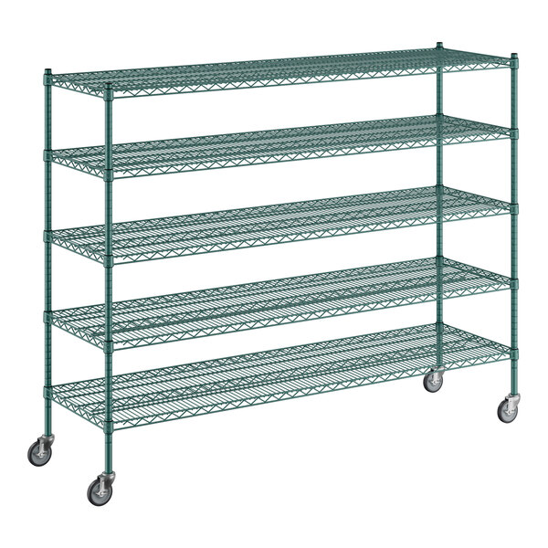 A green metal wire shelving unit with five shelves.