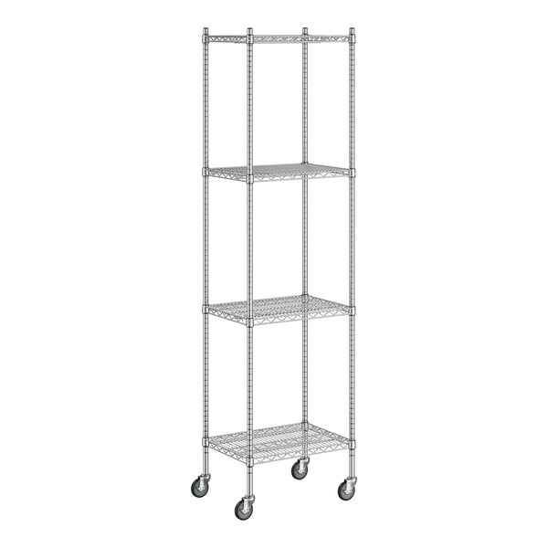 A Regency chrome mobile wire shelving unit with 4 shelves and wheels.