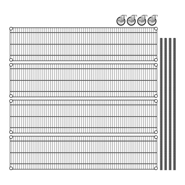 A Regency black wire shelving rack with four shelves and metal rods.