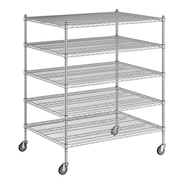 A Regency chrome wire shelving unit with wheels and four shelves.