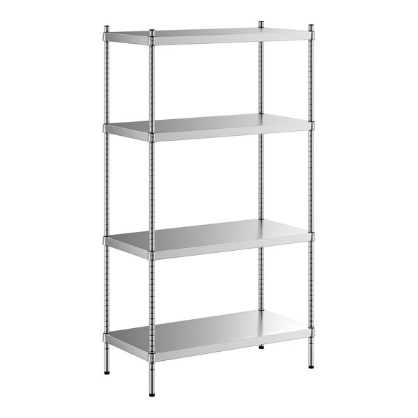 A Regency stainless steel shelving unit with four shelves.