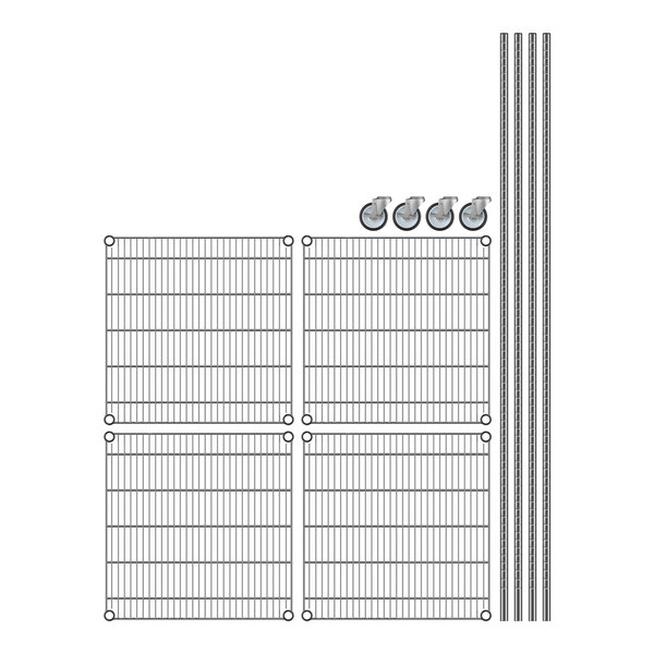A Regency stainless steel wire shelving unit with wheels.