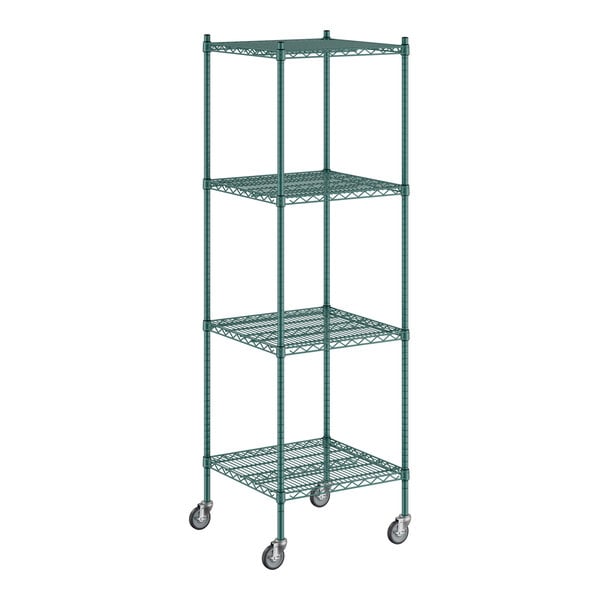 A Regency green wire shelving unit with wheels.