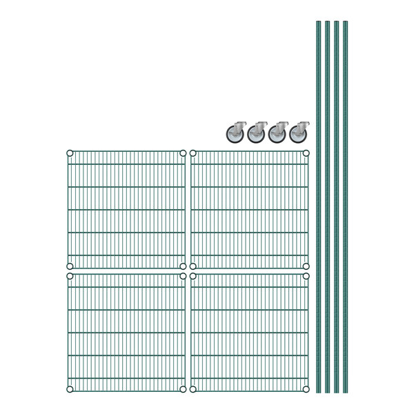 A white grid with green circles and metal rods.