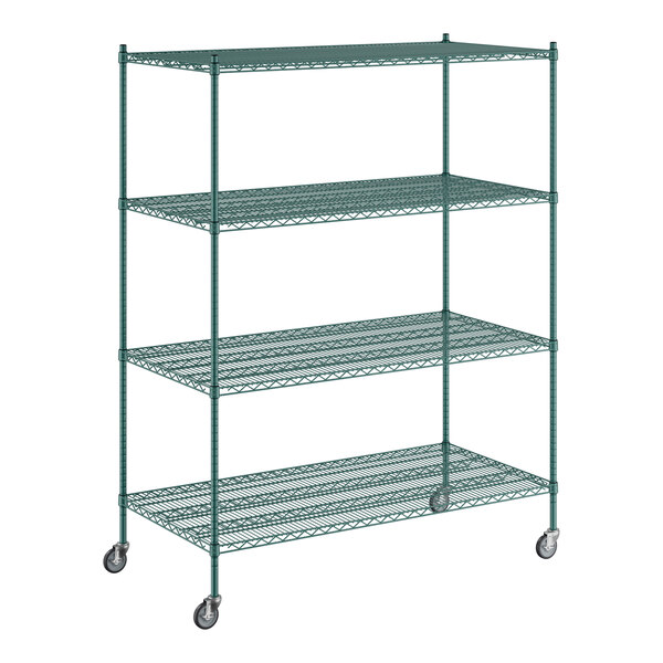 A Regency green wire shelving unit with wheels.