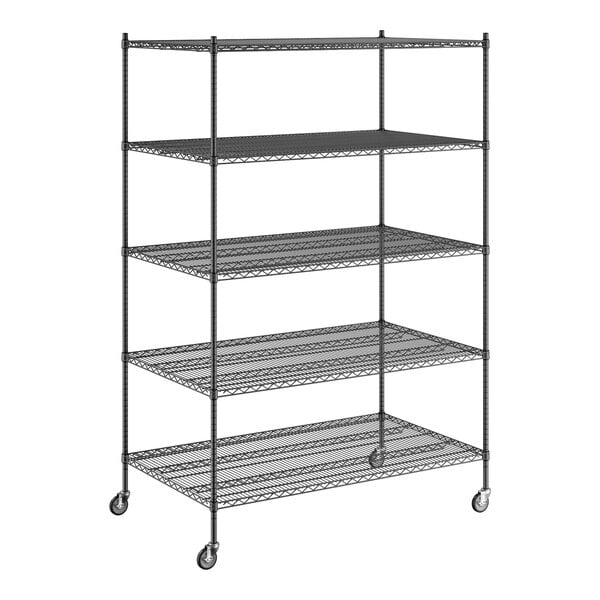 A black wire shelving unit with five shelves.