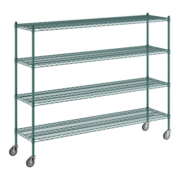 A green metal Regency wire shelving unit with wheels.