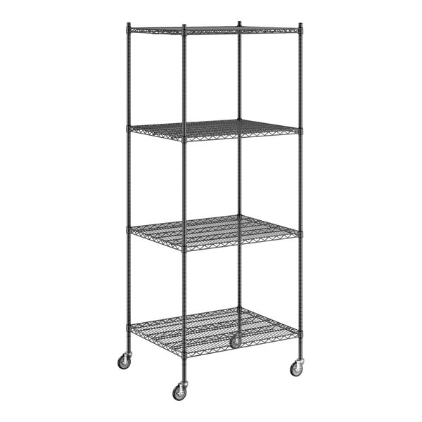 A Regency black wire shelving unit on wheels.