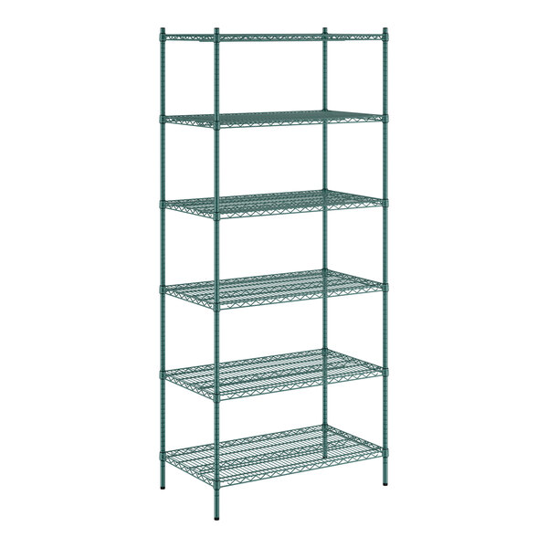 A green Regency wire shelving unit with six shelves.