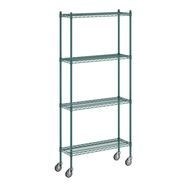 A Regency green wire shelving unit with wheels.