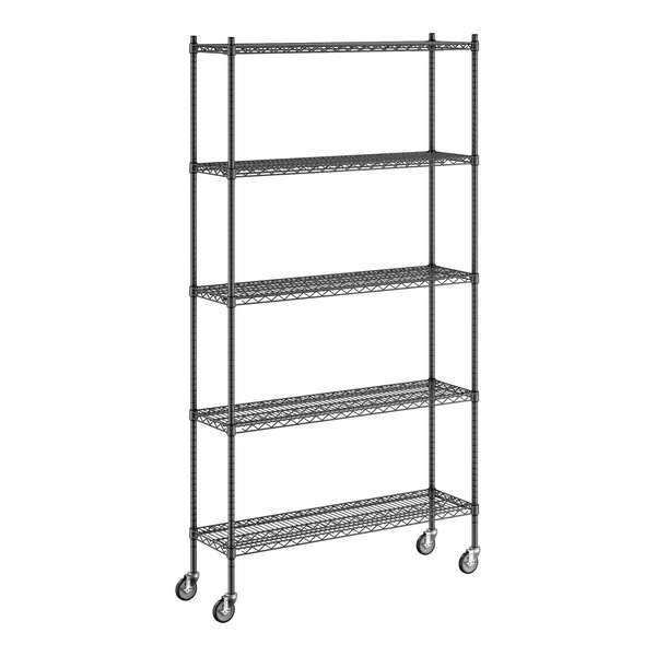 A black Regency wire shelving unit with wheels.