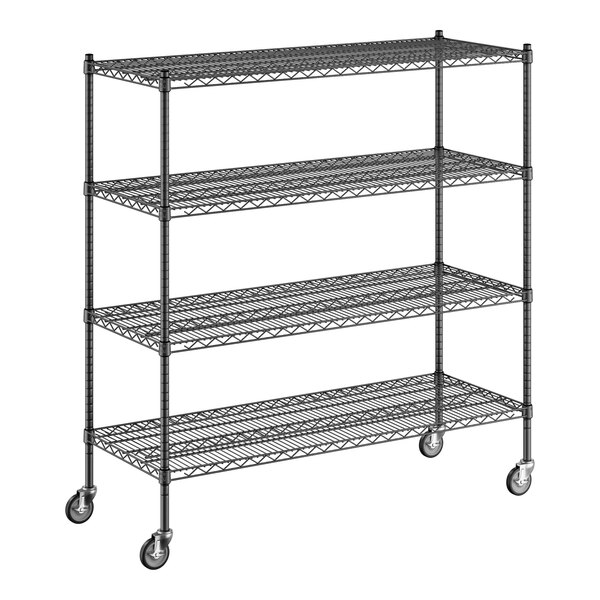 A Regency black wire shelving unit with wheels.