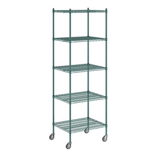 A Regency green wire shelving unit with wheels.