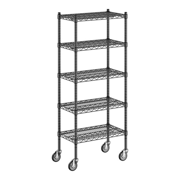 A black wire Regency shelving unit with wheels.