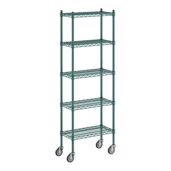 A green Regency wire shelving unit with wheels.