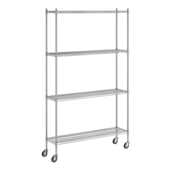 A Regency chrome wire shelving unit with wheels.