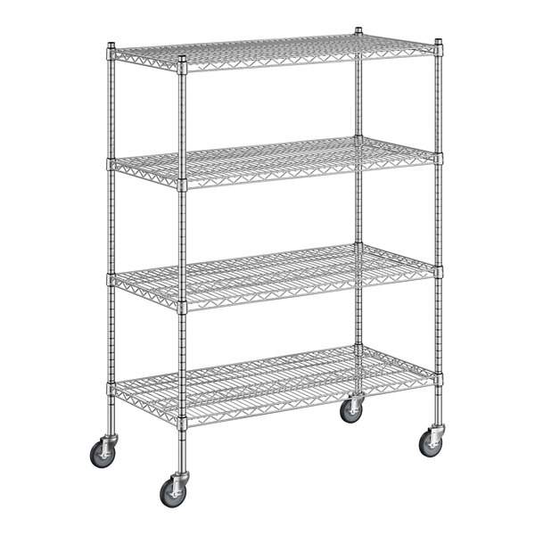 A Regency chrome wire shelving unit with wheels.