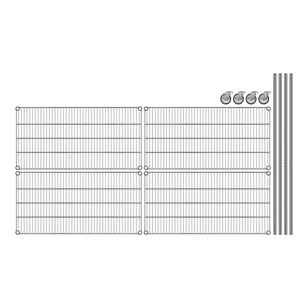 Regency chrome wire shelving with four shelves and metal rods arranged in a grid.