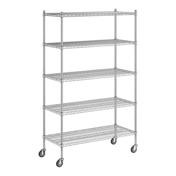 A Regency chrome wire shelving unit with wheels.