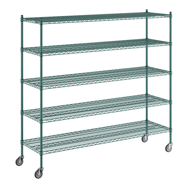 A green metal Regency mobile wire shelving starter kit with 5 shelves.