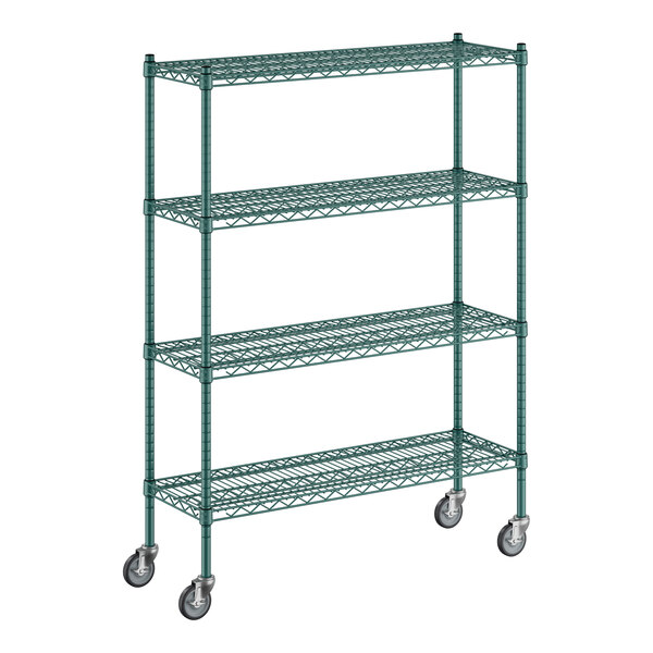 A Regency green wire shelving unit with four wheels.