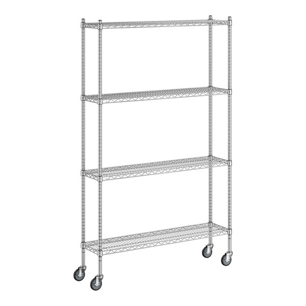 A Regency chrome wire shelving unit with wheels.