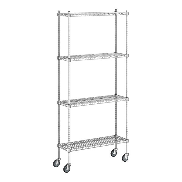 A Regency stainless steel wire shelving unit with wheels.