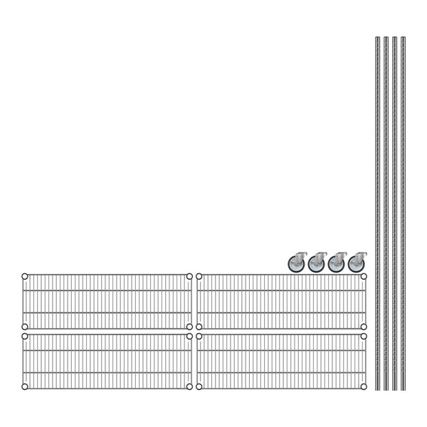 A Regency stainless steel wire shelving unit with wheels.