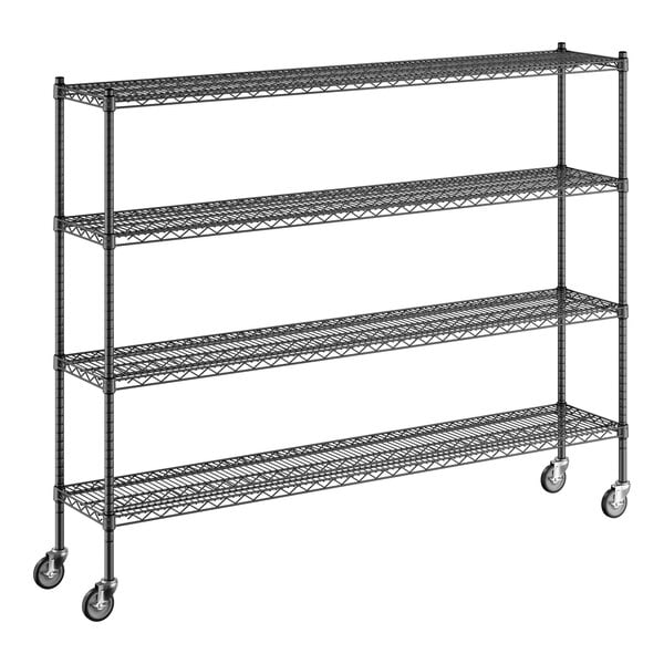 A black Regency wire shelving unit with wheels.