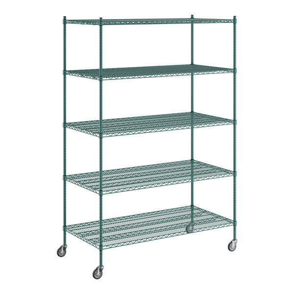 A Regency green wire shelving unit with wheels.