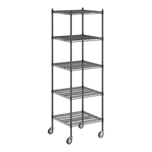 A Regency black wire shelving unit with five shelves.