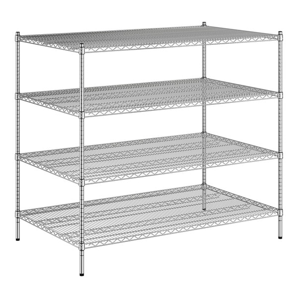 A wireframe of a Regency chrome stationary wire shelving unit with three shelves.