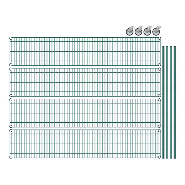 A Regency green wire shelving unit with 4 shelves and metal rods.