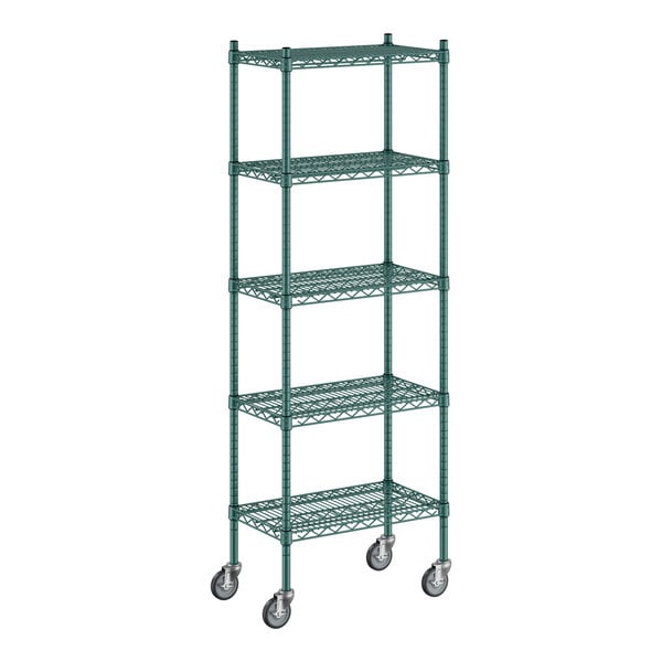 A green Regency wire shelving unit with wheels.