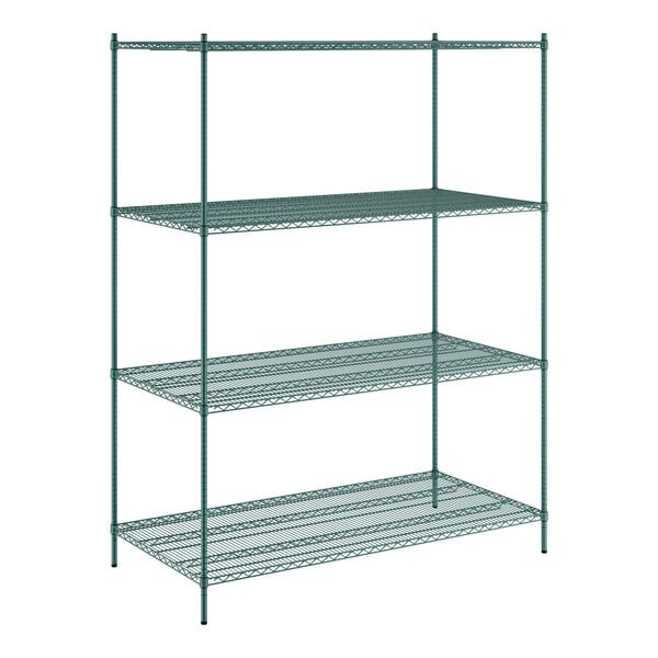 A green metal wire shelving unit with four shelves.