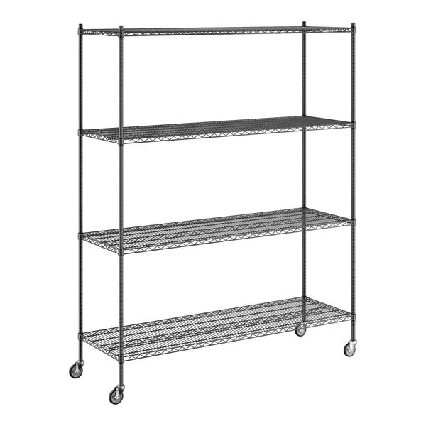 A Regency black wire shelving unit with wheels.