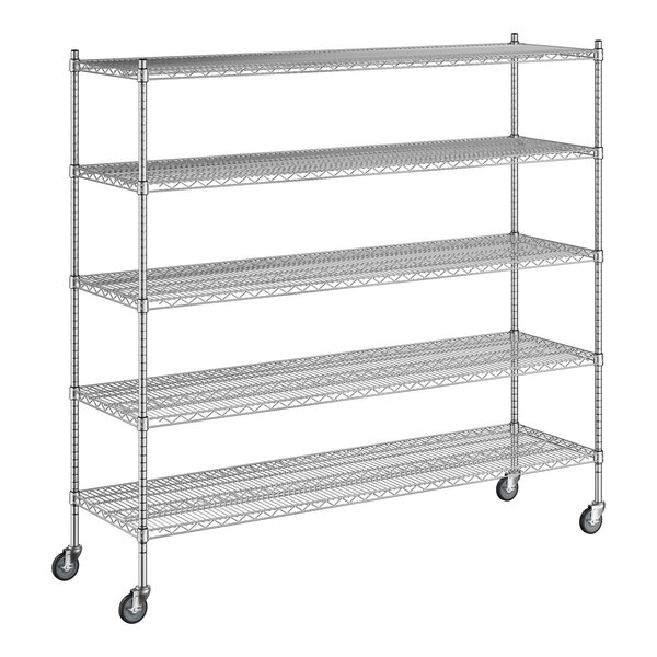 A Regency chrome mobile wire shelving unit with five shelves and wheels.