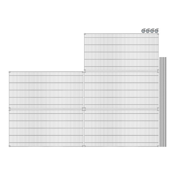 A grid of metal bars with a few circles on a white background.