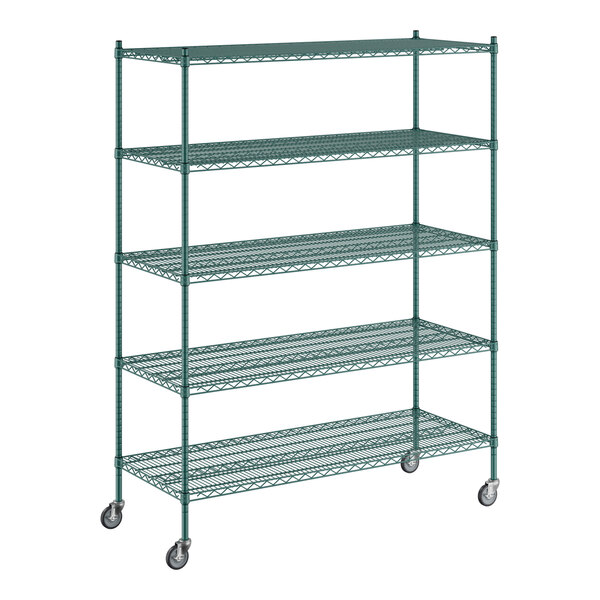 A green metal Regency wire shelving unit with wheels.