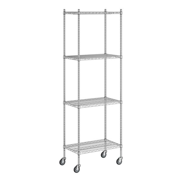 A Regency chrome wire shelving unit with wheels.