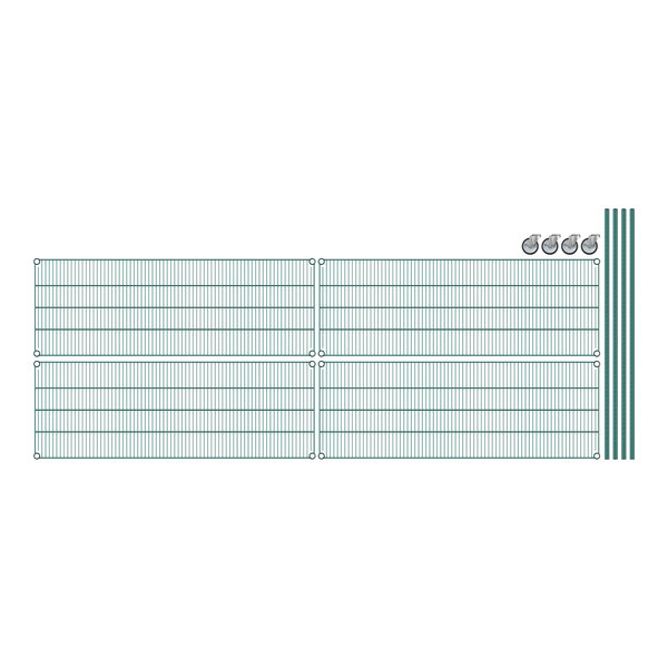 A close-up of a green grid with metal shelves.