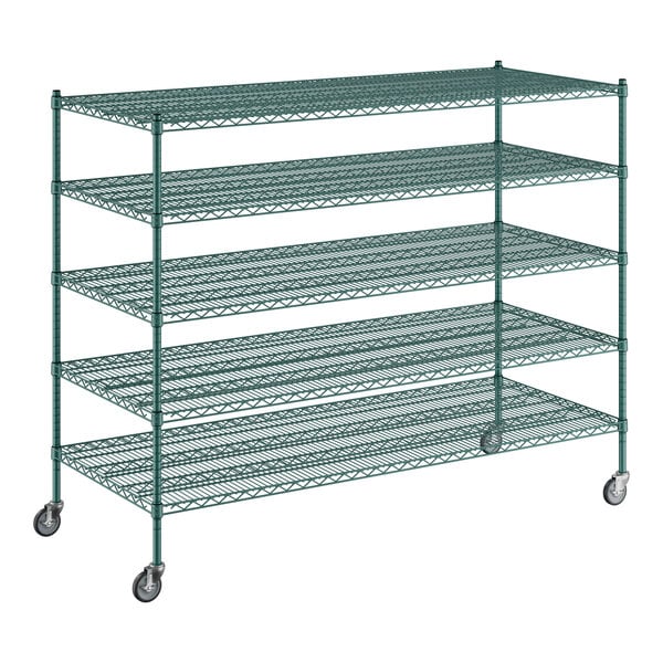 A green Regency wire shelving unit with five shelves.